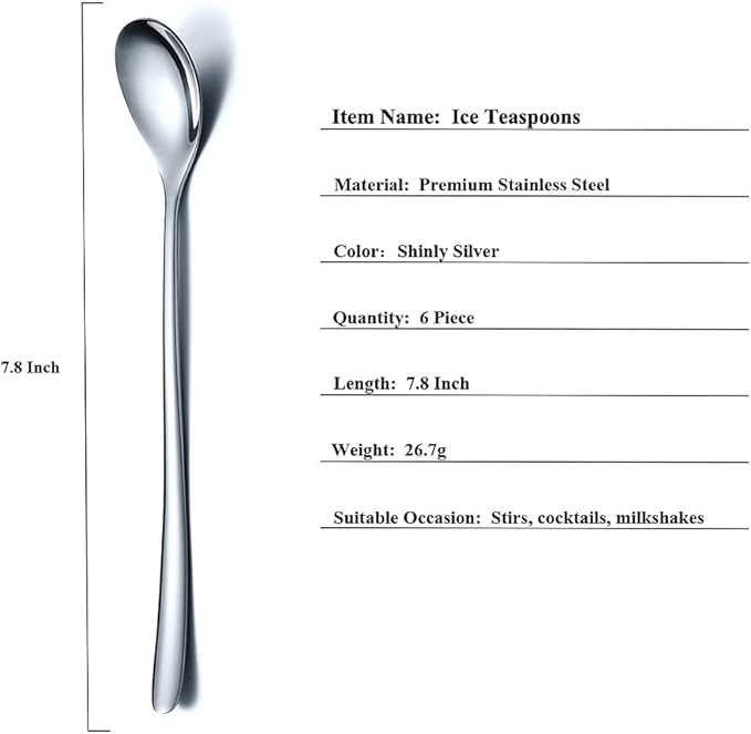 Premium Stainless Steel Coffee Stirrer Set, Long Handle, Ice Tea & Cream Spoons, Cocktail Stirrer - Set of 6 (Silver)