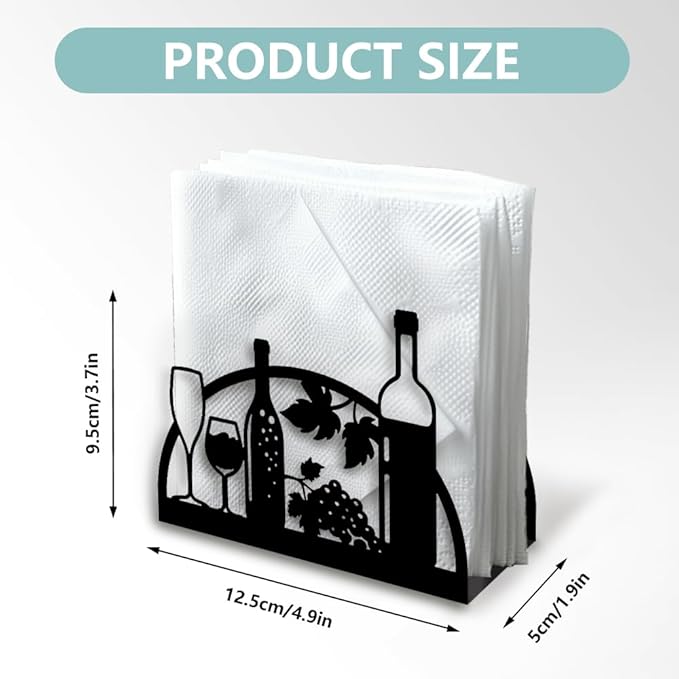 Grape Wine and Glass Decorative Black Metal Napkin Holder for Table, 4.9" x 4.9" x 1.9" Standing Napkin Holder for Home Kitchen Restaurant Picnic Party Coffee Bar Dining Room