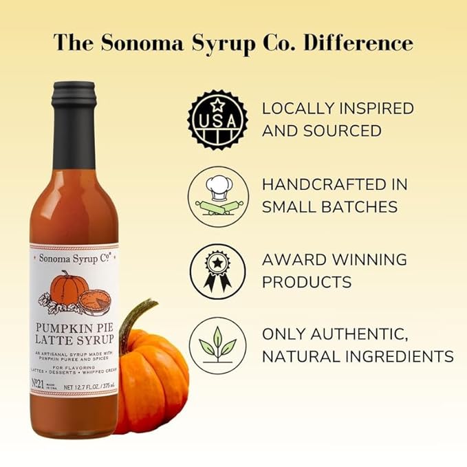 Sonoma Syrup Co. Pumpkin Pie Latte Syrup 12.7 Fl Oz | for Coffee, Latte and Baking | Hand Crafted in the USA