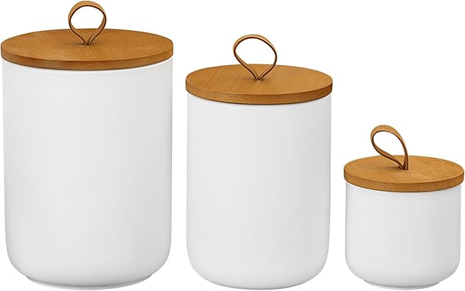Ceramic Storage Jars, Modern Elegant Polished Airtight Gorgeous Storage Canisters with Wooden Lid Small Food Stroage Jar for Kitchen Spice Tea Vanilla Sugar Coffee Beans (3Pcs Suit White)