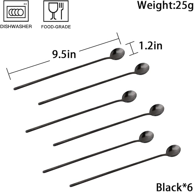 6 PCS 9.5-Inch Long Handle Ice Tea Spoons, Espresso Spoon, Coffee Spoon Set, 18/8 Stainless Steel Spoons for Cocktail Stirring, Mixing, Tea, Soup, Cappuccino, Sweejar(Black)