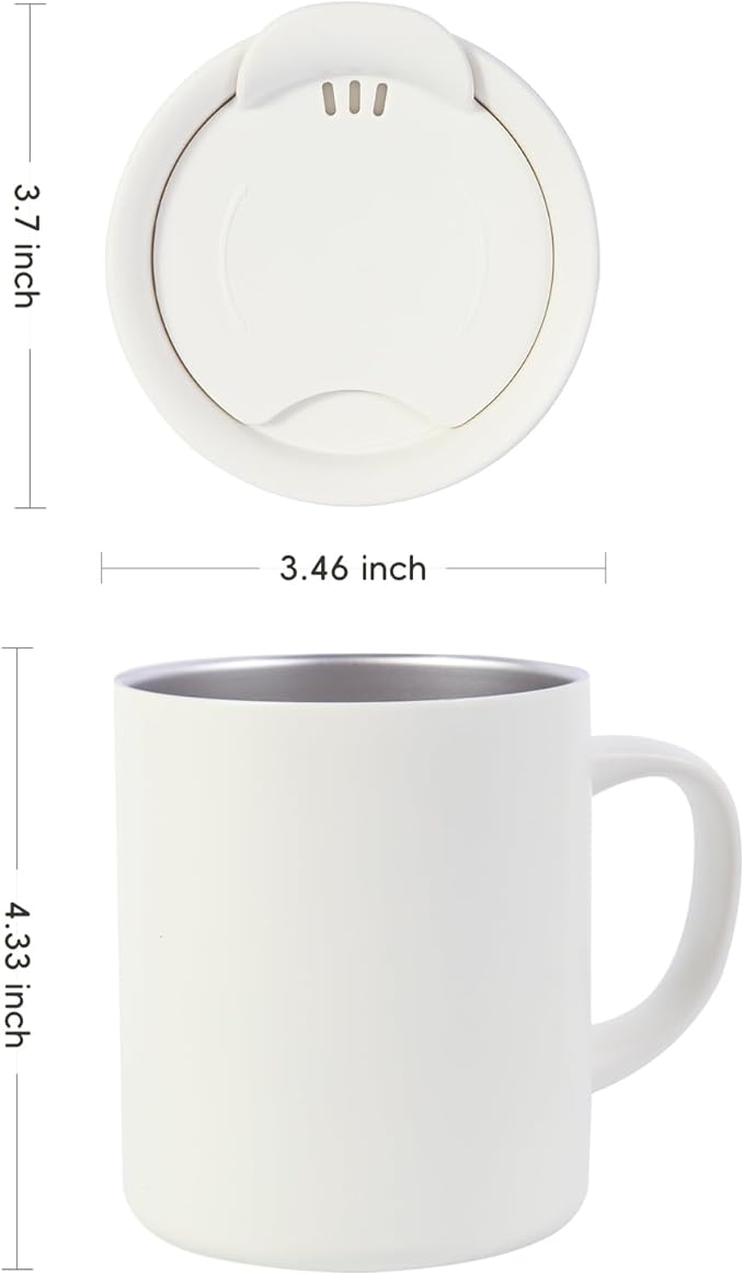 12oz Insulated Camping Coffee Mug with Lid & Handle, Double Wall Stainless Steel Vacuum Travel Coffee Cup, Reusable Tumbler for Home Office Camping - White