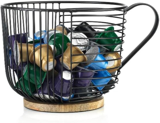 Coffee Pod Holder - Large Capacity Black Wire K Cup Storage with Wooden Base - Modern Coffee Basket Decor for Kitchen Countertop for Keurig Kcups & Espresso Capsules