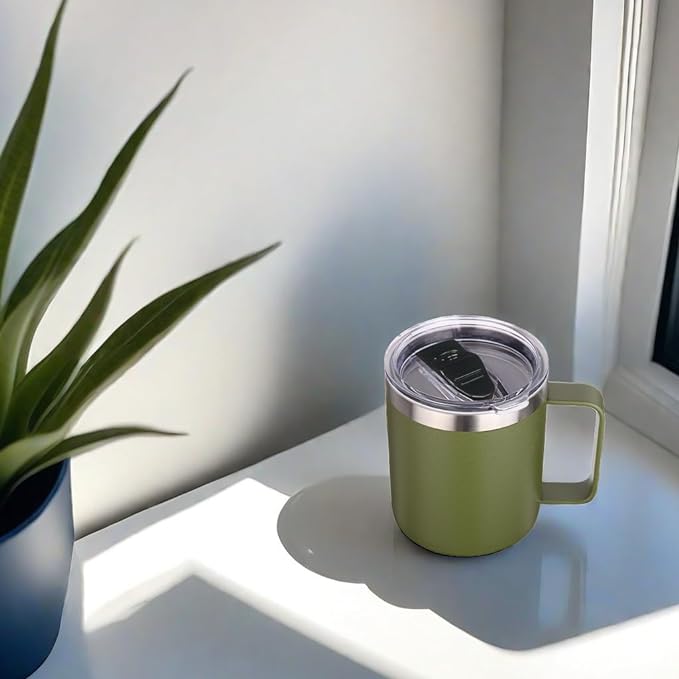 Volhoply 14oz Insulated Stainless Steel Coffee Mug with Lid Bulk 4 Pack,Double Wall Vacuum Travel Coffee Cup with Handle,Reusable Cups Tumbler,Camping Mugs Keep Hot,Ideal Gifts(Army Green,4)