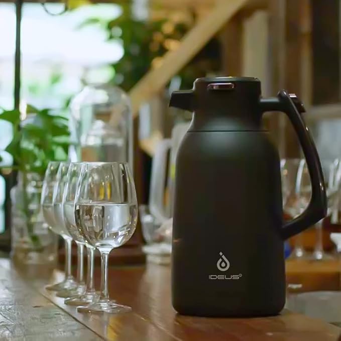 IDEUS Thermal Coffee Carafe 68oz (2,000ml), Stainless Steel Double Wall Insulated Vacuum Flask, Water Jug Coffee Server and Beverage Dispenser, Heat and Cold Retention (Metallic, 68oz (2,000ml))