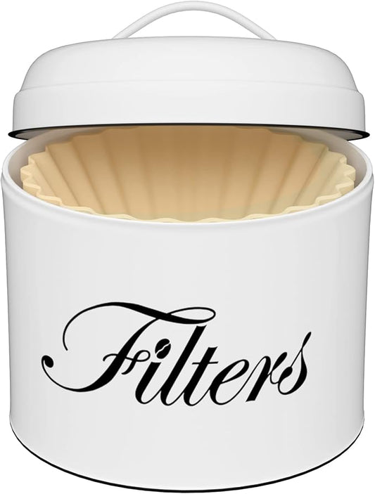 Coffee Filter Holder, White Basket Coffee Filter Storage with Lid, Round Coffee Filter Container for Counter, Rustic Farmhouse Coffee Bar Accessories Decor (White)