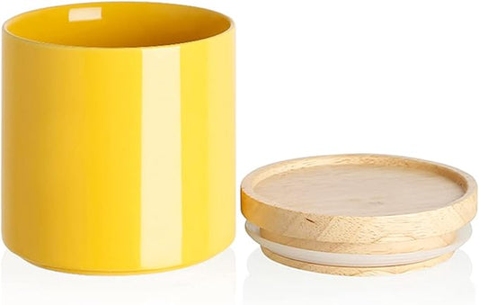 Sweejar Kitchen Canisters Ceramic Food Storage Jar, Stackable Containers with Airtight Seal Wooden Lid for Serving Coffee Bean, Flour, Tea, Spice and More - 39 Fl Oz (Yellow)