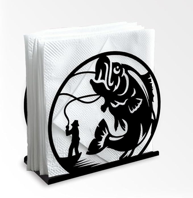 Fishing Decorative Black Metal Napkin Holder for Table, 5.3" x 4.9" x 1.9" Fisherman Fish Standing Napkin Holder for Home Kitchen Restaurant Picnic Party Coffee Bar Dining Room