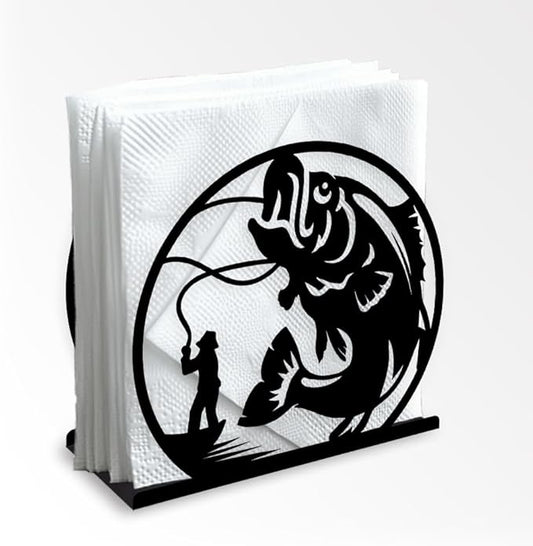 Fishing Decorative Black Metal Napkin Holder for Table, 5.3" x 4.9" x 1.9" Fisherman Fish Standing Napkin Holder for Home Kitchen Restaurant Picnic Party Coffee Bar Dining Room