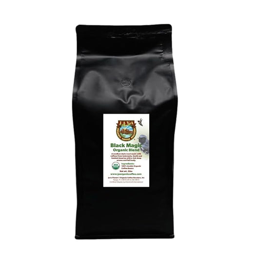 Low Acid Organic Coffee – Whole Bean, Mold-Free & Stomach Friendly by Java Planet, Black Magic Blend Coffee, Medium Dark Roast, Smooth Full Flavored, 5LB Bag