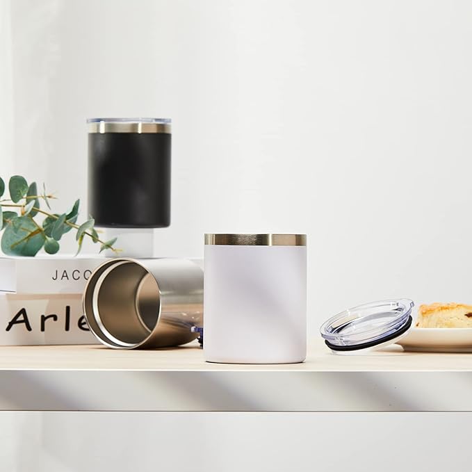 MEWAY 12 oz Lowball, Tumbler Stainless Steel Double Wall Vacuum Insulated Mug with Straw and Lid, Cleaning Brush ，Durable Powder Coated Insulated Coffee Cup for Cold & Hot Drinks (White,4 pack)