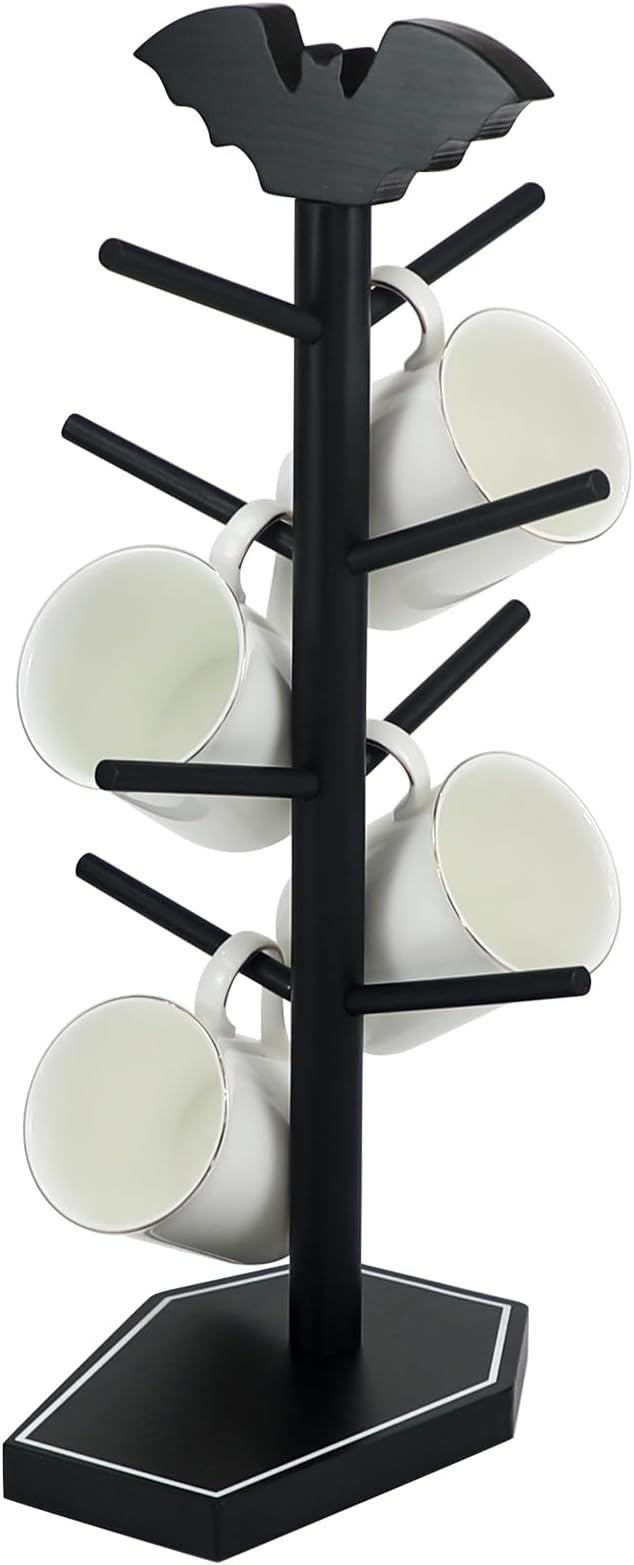 Bat Mug Holder Tree - 8 Hooks Coffee Mug Rack - Gothic Home Decor Wood Coffee Mug Tree for Countertop - Coffee Cup Holder for Halloween Kitchen Organizer & Coffee Bar Accessories (Coffin)