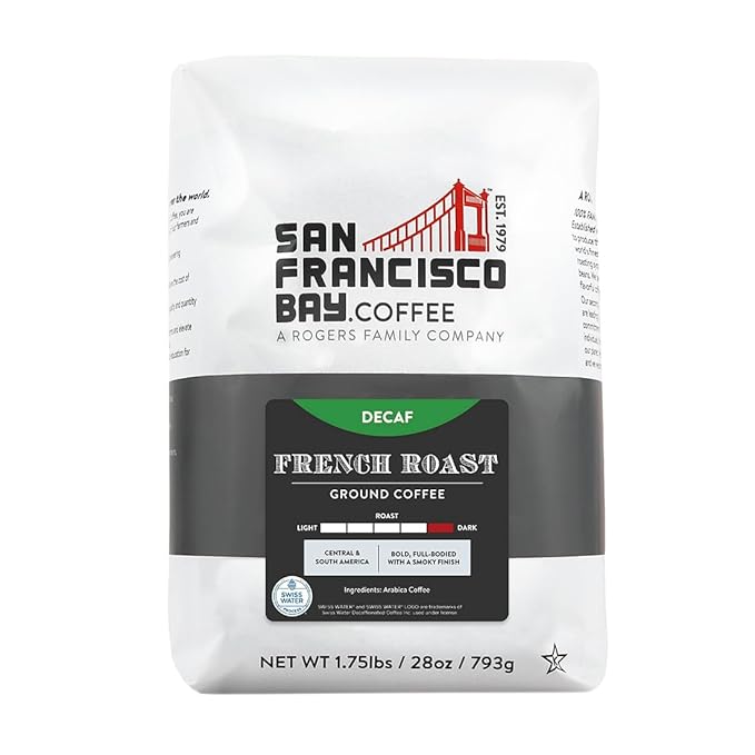 San Francisco Bay Coffee Coffee DECAF French Roast Ground Coffee, 28 oz Bag, Dark Roast, Swiss Water Process Decaffeinated