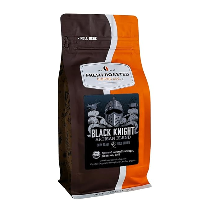 Fresh Roasted Coffee, Organic Black Knight | USDA Organic, Kosher | Dark Roast 12 oz Ground