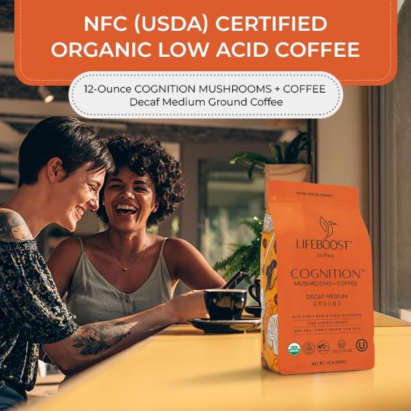 Lifeboost Cognition Decaf Mushroom Coffee - Low Acid Decaf Medium Organic Coffee with Lions Mane & Chaga Mushrooms - Increase Energy, Boost Focus & Immune Support - 12 oz Bag - Ground