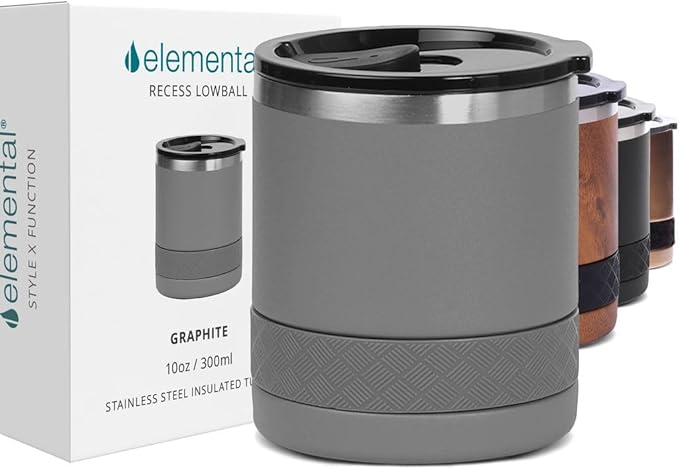 Elemental Recess Lowball Tumbler, 10oz Triple Wall Stainless Steel Cup with Non-Shattered Tritan Lid, Insulated Whiskey Glass, Insulated Coffee Tumbler Mug for Hot & Cold Drinks - Graphite