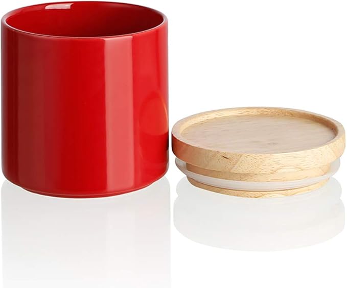 Sweejar Kitchen Canisters Ceramic Food Storage Jar, Stackable Containers with Airtight Seal Wooden Lid for Serving Ground Coffee, Tea, Sugar, Salt and More - 16 Fl Oz (Red)