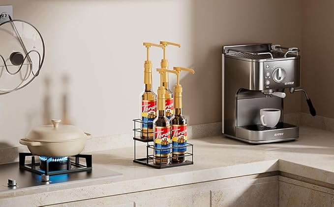 4 Bottle Capacity Coffee Syrup Organizer 2 Tier Coffee Syrup Stand Shelf for Coffee Bar Kitchen Small Wine Rack for Bar Family Storage for Syrup Wine Dressing