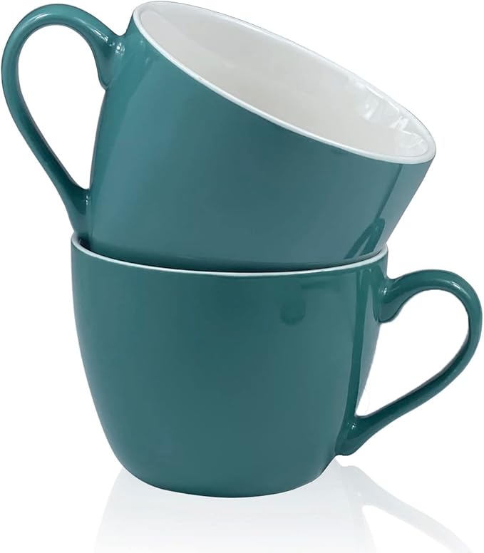 MECOWON 30 OZ Porcelain Coffee Mugs, Set of 2 Large Mugs for Soup, Cereal and Salad (Teal (bluish - green))
