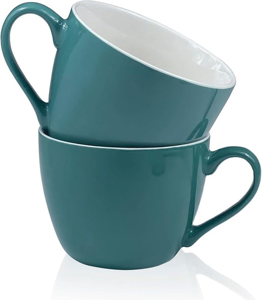 MECOWON 30 OZ Porcelain Coffee Mugs, Set of 2 Large Mugs for Soup, Cereal and Salad (Teal (bluish - green))