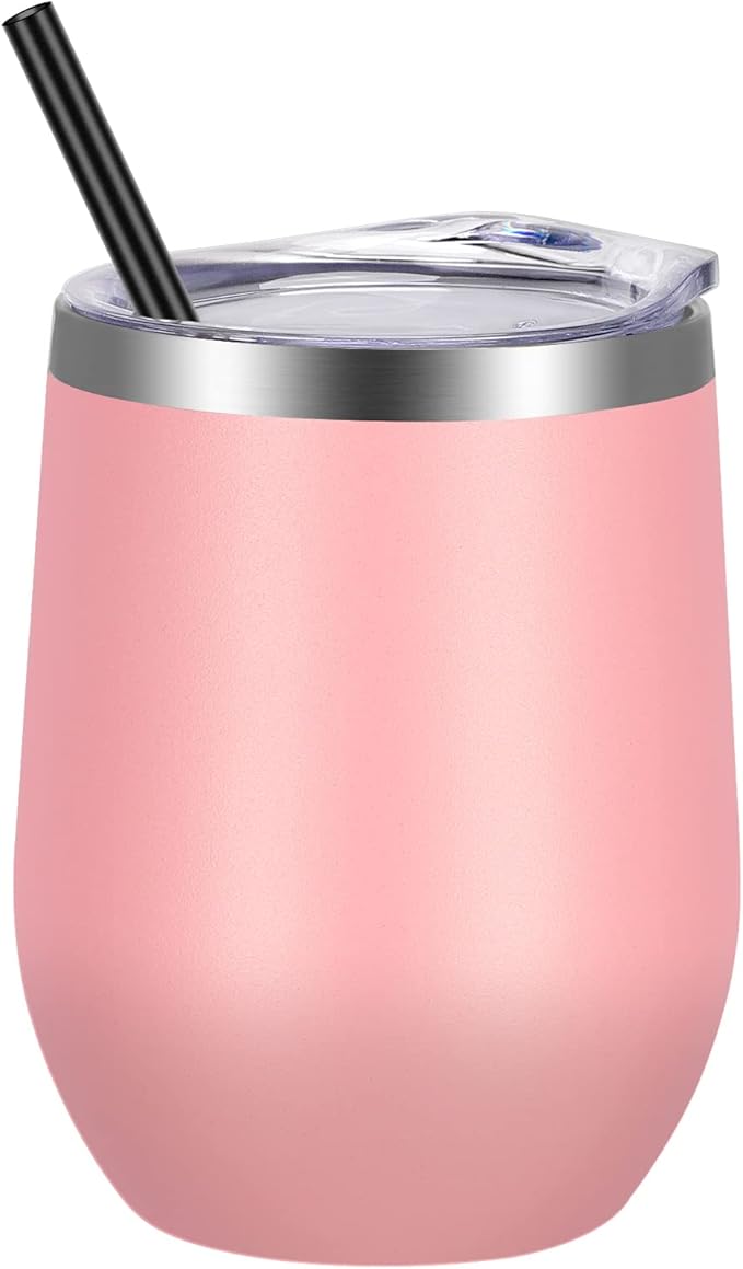 VEGOND 12oz Stainless Steel Wine Tumbler with Lid and Straw, Double Wall Vacuum Insulated Stemless Wine Glass Tumbler Cup, Coffee Mug for Cold Hot Drinks