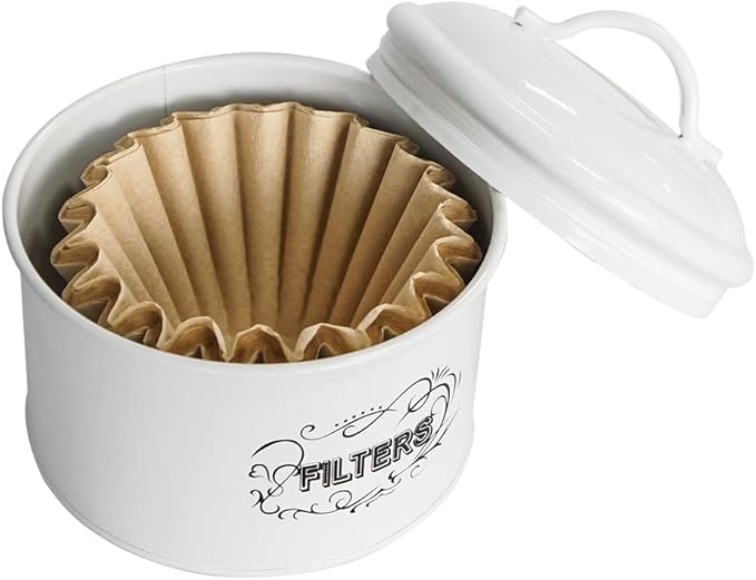 SOTECH Coffee Filter Holder Storage,White Basket Enamel Filter Jar Container in Rustic Farmhouse Distressed Enamelware Design Round for Counter(Metal Coffee Filter Jar)