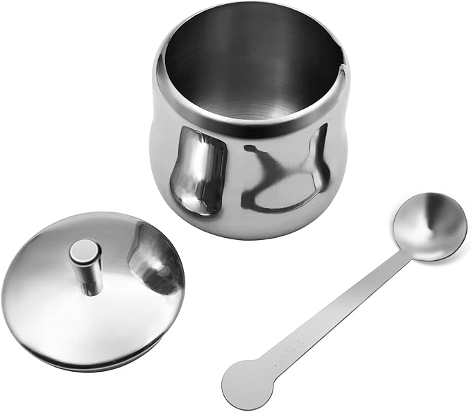 Stainless Steel Sugar Bowl, 10 OZ, 300 ml, with Lid and Spoon, Silver, Round, Geometric Pattern, Durable, Rust Resistant, Dishwasher Safe, Home and Kitchen Storage