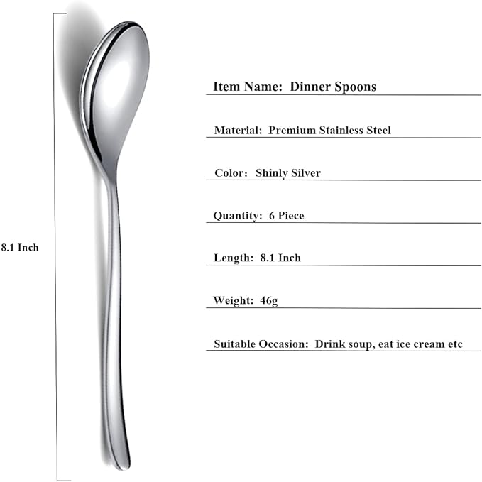 Dinner Spoons 6 Piece, 8.1'' Stainless Steel Tablespoons, Soup Spoons, Dessert Spoons, Spoons Silverware for Home, Kitchen or Restauran,Dishwasher Safe (Silver)