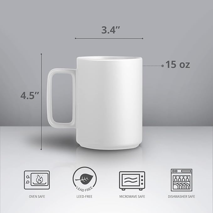 E-liu Porcelain Tea Mugs Coffee Mug Set, Large 15 Ounces Cups for Coffee, Tea, Cocoa, and Mulled Drinks, Set of 6, White