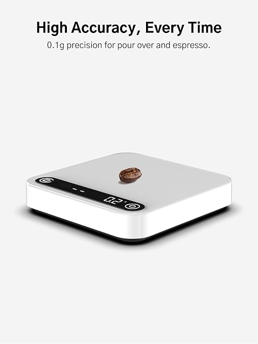 Digital Coffee Scale with Timer and Flow Rate Tracking, 0.1g Precision, 2kg Capacity, Rechargeable, Smart App Compatible, Ideal for Espresso and Pour Over Brewing