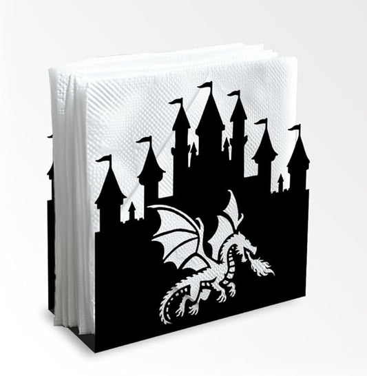 Dragon in Castle Decorative Black Metal Napkin Holder for Table, 4.9" x 4.9" x 1.9" Standing Napkin Holder for Home Kitchen Restaurant Picnic Party Coffee Bar Dining Room