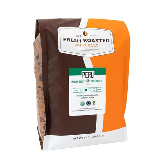 Fresh Roasted Coffee, Organic Peru | Mold & Myco 3rd Party Tested, USDA Organic, Kosher | Med Roast 5 lb (80 oz) Whole Bean