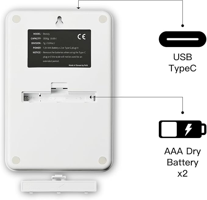 Polit Brewly Digital Coffee Scale with Timer｜6.6lb/3000g Espresso Scale 0.1g/0.005oz Triple-Range Precision｜USB-C or Battery｜Dual Timer Modes｜Small Travel Kitchen Scale for Pour-Over, Brewing & Baking