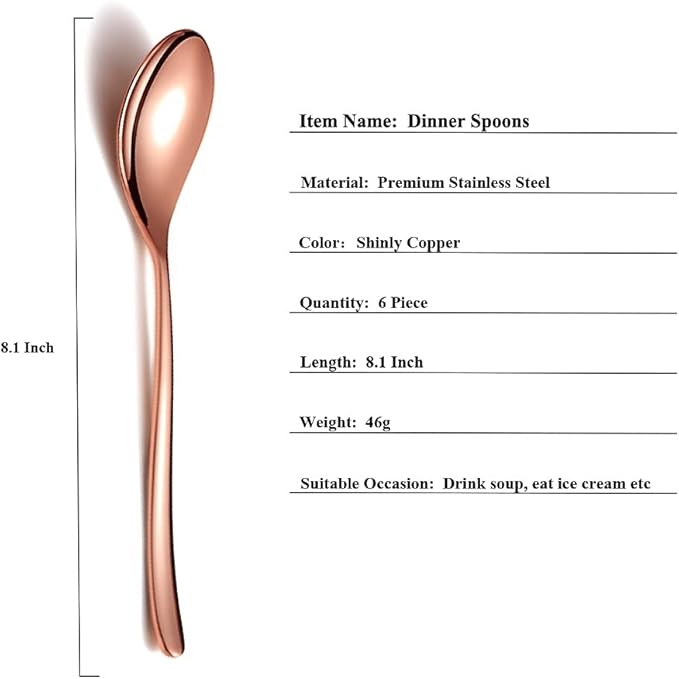 Copper Dinner Spoons 6 Piece, 8.1'' Stainless Steel Tablespoons, Soup Spoons, Dessert Spoons, Spoons Silverware for Home, Kitchen or Restauran,Dishwasher Safe