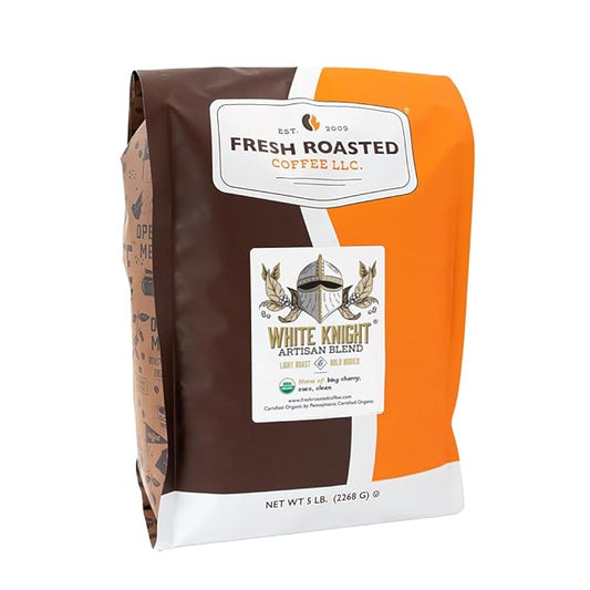 Fresh Roasted Coffee, Organic White Knight | USDA Organic, Kosher | Light Roast 5 lb (80 oz), Ground