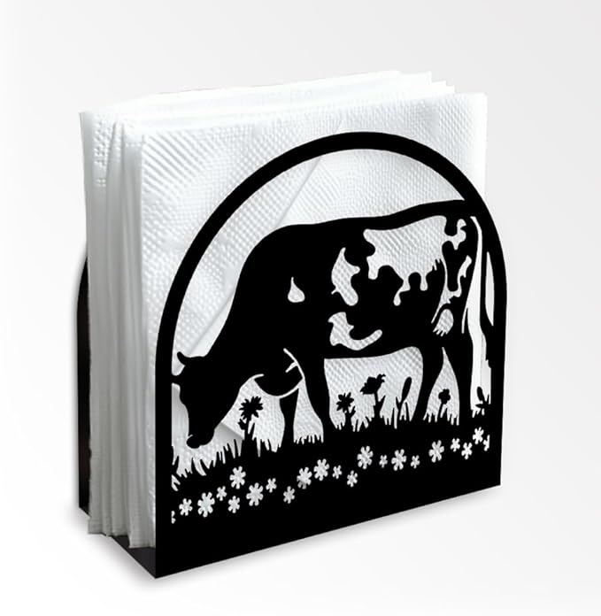 Cow Eating Grass Decorative Black Metal Napkin Holder for Table, 4.9" x 4.9" x 1.9" Standing Napkin Holder for Home Kitchen Restaurant Picnic Party Coffee Bar Dining Room