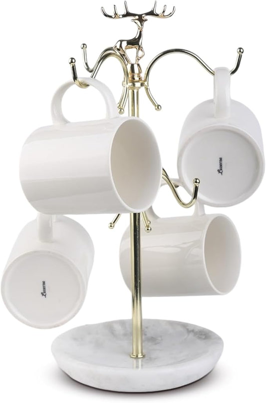 BCS Mug Holder with Marble Base - 6 Hooks Mug Rack Coffee Cup Storage Tree Jewelry Display Stand Holder for Countertop