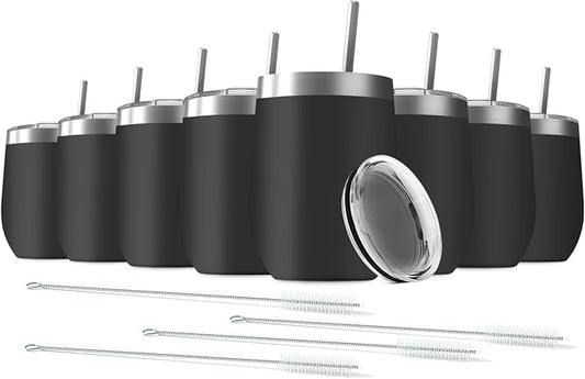 8 Pack 12 oz Stainless Steel Wine Tumbler with Lids, Double Wall Vacuum Insulated Travel Cup Including 8 Straws Set for Coffee, Cocktail, Drink, Tea and Beer (Black)