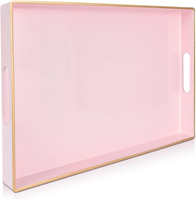 Gifturbo Pink Serving Trays,Decorative Serving Tray with Handles, Coffee Table Rectangular Trays Plastic Tray for Ottoman Bathroom,Living Room, 15.7” x 10.2” x1.37”