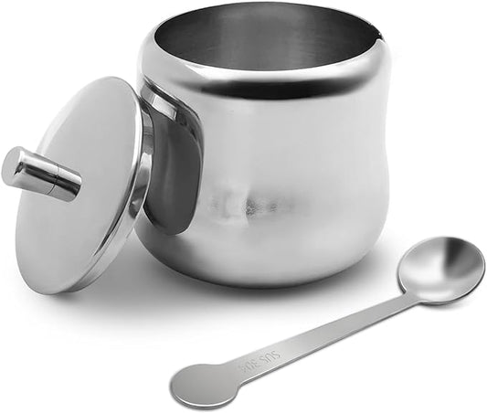 Stainless Steel Sugar Bowl, 10 OZ, 300 ml, with Lid and Spoon, Silver, Round, Geometric Pattern, Durable, Rust Resistant, Dishwasher Safe, Home and Kitchen Storage