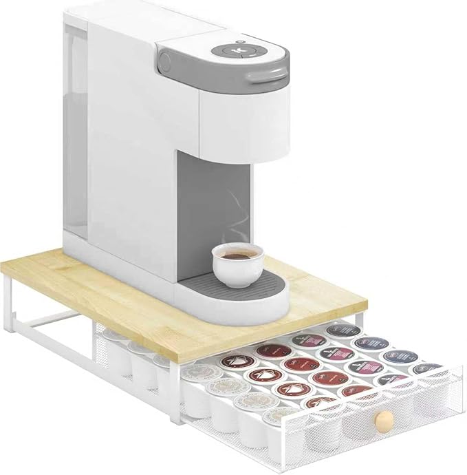 Coffee Pod Holder Counter Coffee Vertuo Capsules Storage Organizer with Sliding Drawer Compatible For 35 K-Cup Pods No Assembly Needed Natural Colour