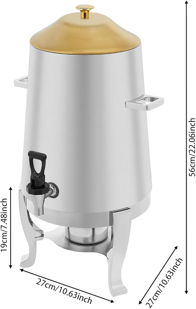 Stainless Steel Beverage Dispensers, Drink Dispenser with Fuel Holder & Base & Stainless Steel Faucet 3.4Gal Hot Beverage Dispenser, Commercial Coffee Urn for Hotels, Canteens（Lid Gold）