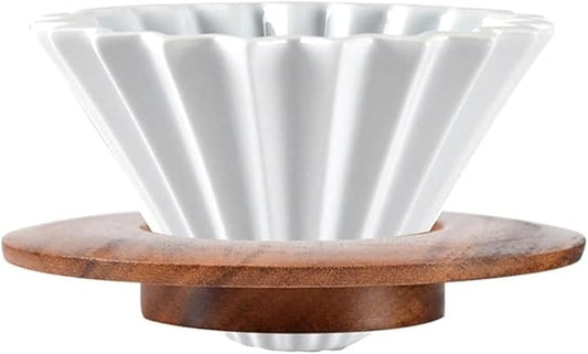 Ceramic Coffee Dripper Pour Over Coffee Maker with Wood Stand Elegant Flower Shape V60 Filter (white)