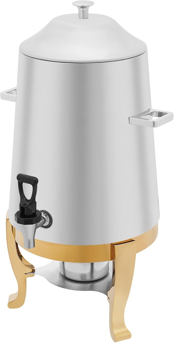 Stainless Steel Beverage Dispensers, Drink Dispenser with Fuel Holder & Base & Stainless Steel Faucet 3.4Gal Hot Beverage Dispenser, Commercial Coffee Urn for Hotels, Canteens（Gold Shelf）