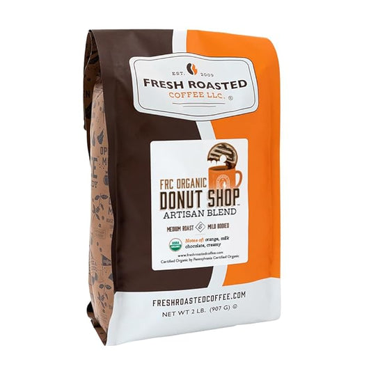 Fresh Roasted Coffee, Organic Donut Shop | USDA Organic, Kosher | Medium Roast 2 lb (32 oz) Ground