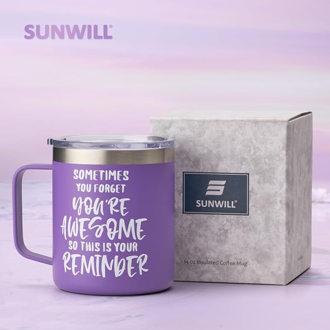 SUNWILL Insulated Coffee Mug with Lid, Birthday Gifts for Women, Stainless Steel Coffee Cup, Inspirational Sometimes You Forget You're Awesome Gifts for Christmas, Graduation, Thank You - 14oz Purple