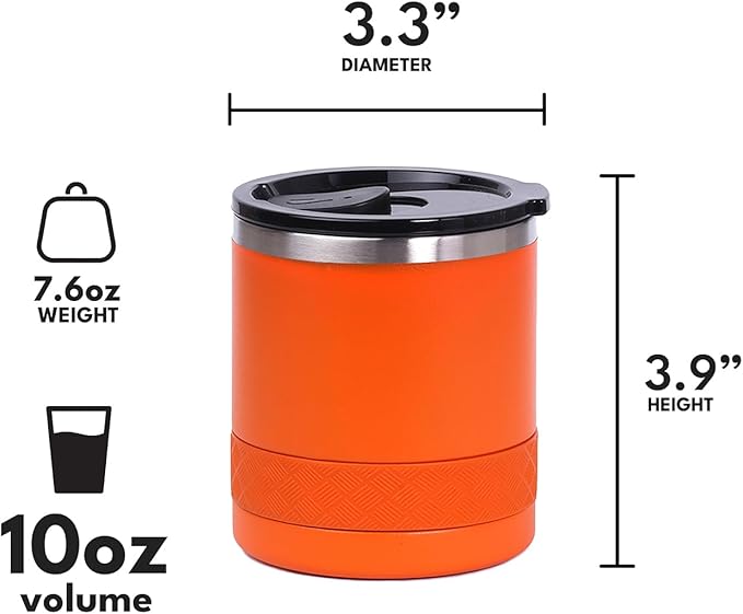 Elemental Recess Lowball Tumbler, 10oz Triple Wall Stainless Steel Cup with Non-Shattered Tritan Lid, Insulated Whiskey Glass, Insulated Coffee Tumbler Mug for Hot & Cold Drinks - Orange