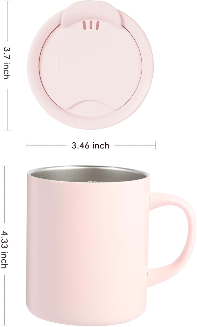 12oz Coffee Mug,Insulated Camping Mug with Lid,Double Wall Stainless Steel Travel Coffee Cup with Handle, Vacuum Reusable Coffee Tumbler Cup for Home, Office, Camping - Pink