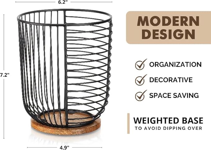 Coffee Pod Holder -Black Wire K Cup Storage with Wooden Base - Large Capacity Slim Design - Modern Coffee Basket Decor for Kitchen Countertop for Keurig Kcups & Espresso Capsules
