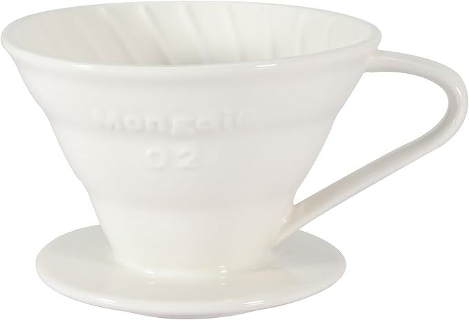 Mongdio V60 Ceramic Pour Over Coffee Dripper, Reusable Porcelain Portable Pour Over Coffee Maker, Slow Brewing Accessories with 1 Holes for Home - Size 02 White